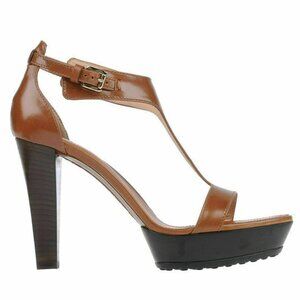 TOD'S SHOES BROWN LEATHER T-STRAP HIGH HEEL PLATFORM SANDALS sz IT 40.5 US 10.5